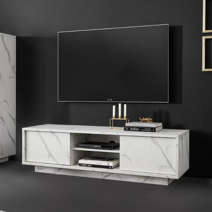 Meuble TV mural moderne de 139 cm à façade effet marbre blanc, modèle Carrat